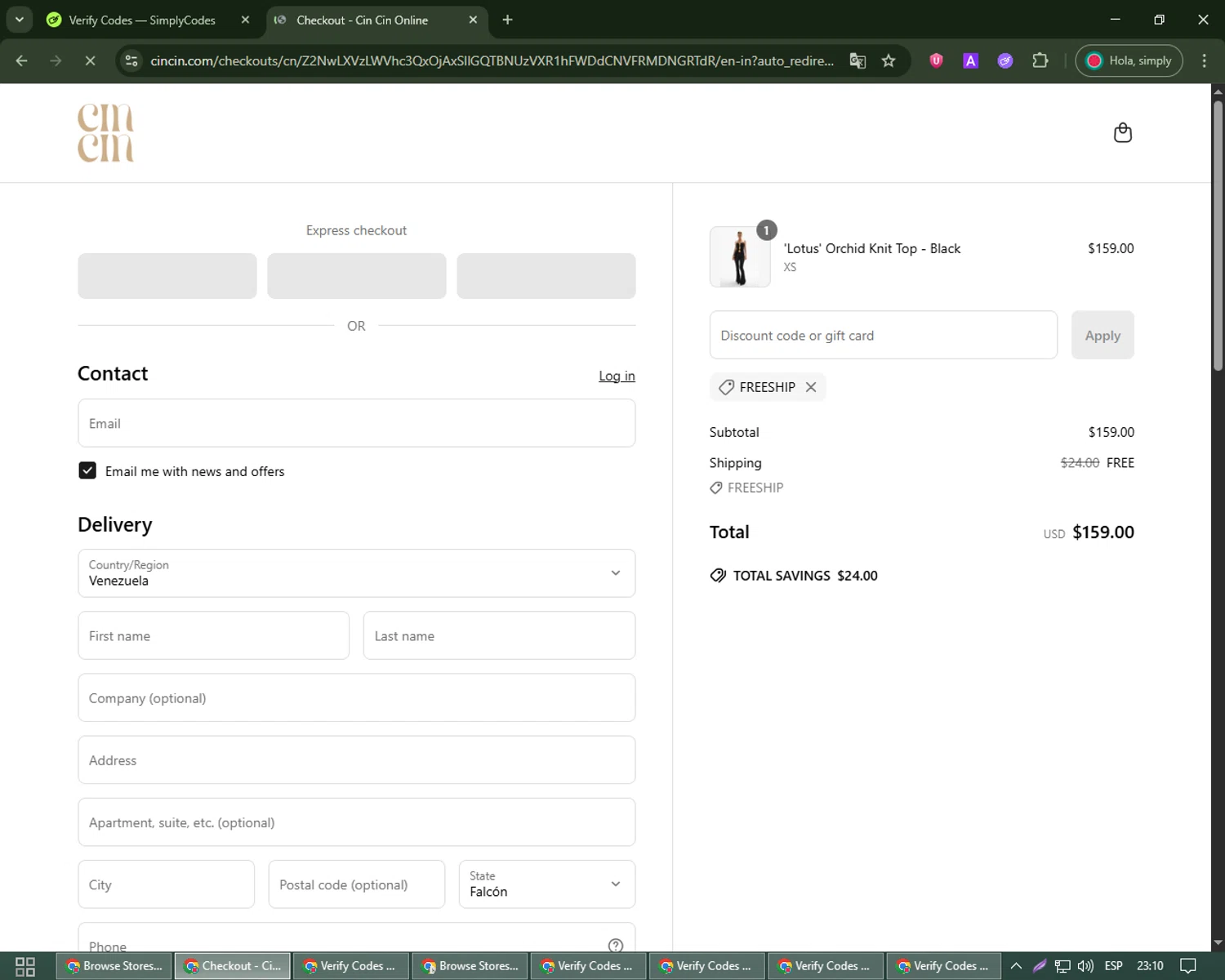 CIN CIN discount code screenshot showing code FREESHIP applied at CIN CIN checkout page. Uploaded by SimplyCodes community member james_smith on Jun 23, 2025