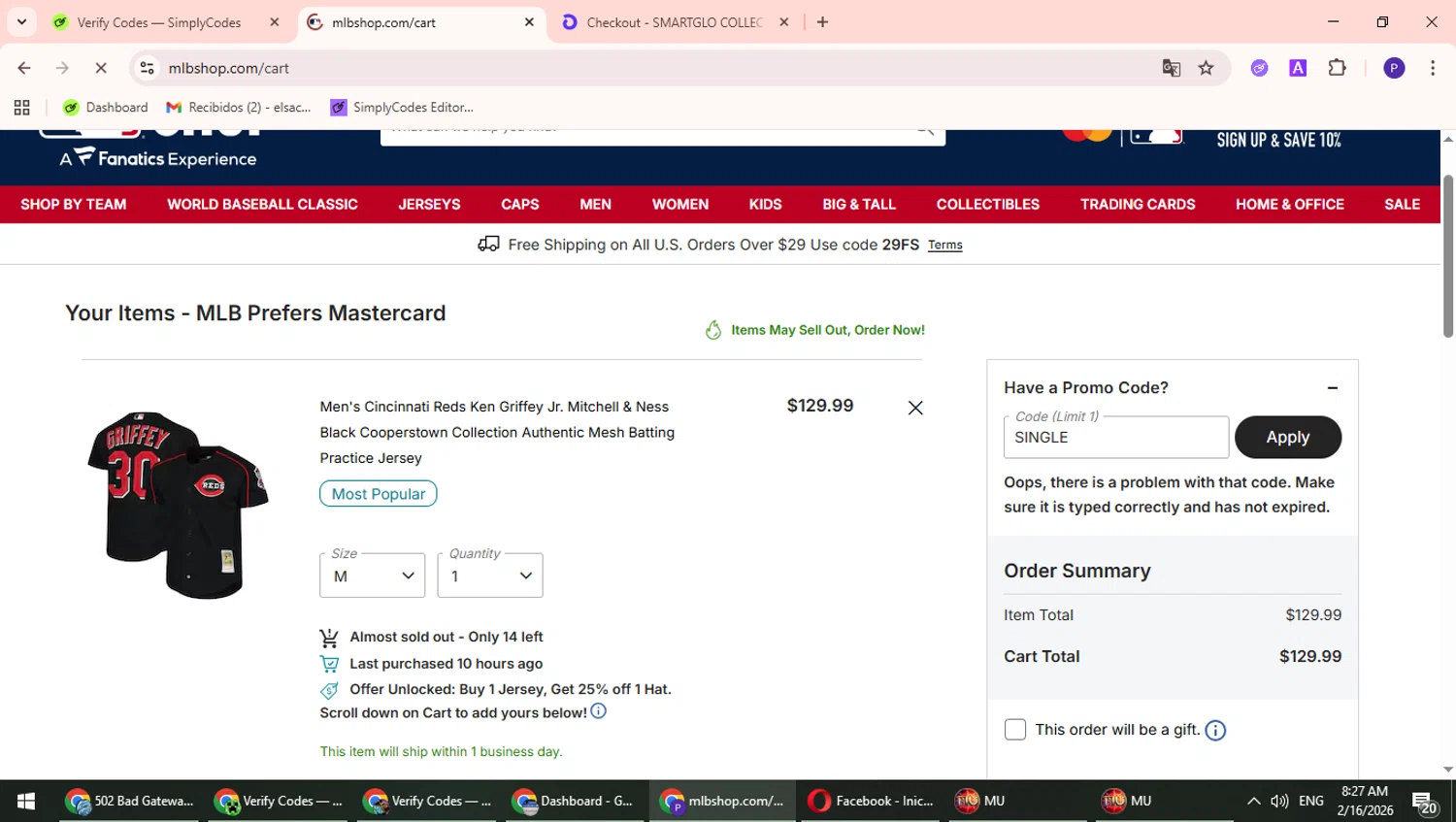 Cincinnati Reds promo code screenshot showing code SINGLE applied at Cincinnati Reds checkout page. Uploaded by SimplyCodes community member TrevorPhilips on Feb 16, 2026