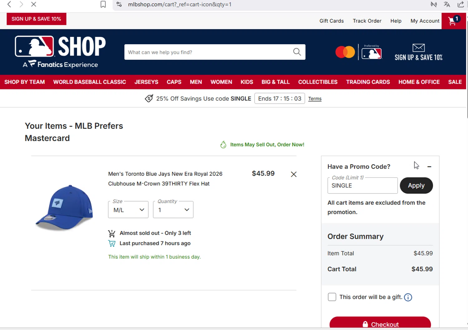 Cincinnati Reds promo code screenshot showing code SINGLE applied at Cincinnati Reds checkout page. Uploaded by SimplyCodes community member barbiequerales on Feb 27, 2026