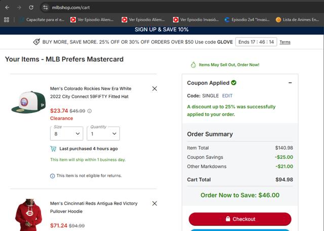 Cincinnati Reds checkout page showing Cincinnati Reds promo code box | Screenshot taken by SimplyCodes community member on Sep 30, 2025