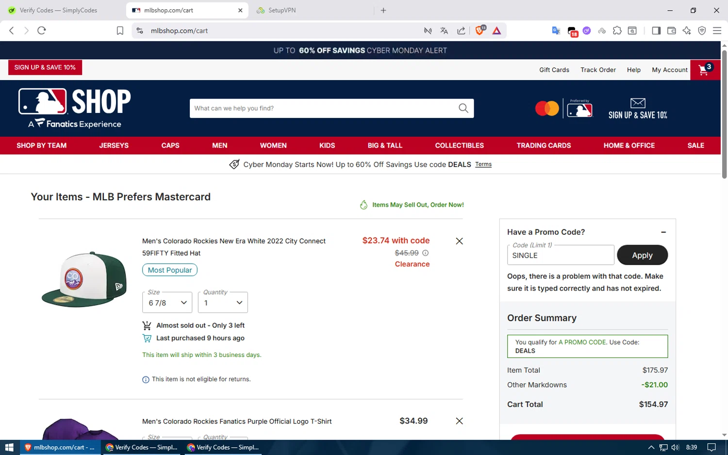 Cincinnati Reds promo code screenshot showing code SINGLE applied at Cincinnati Reds checkout page. Uploaded by SimplyCodes community member usuario500 on Nov 30, 2025