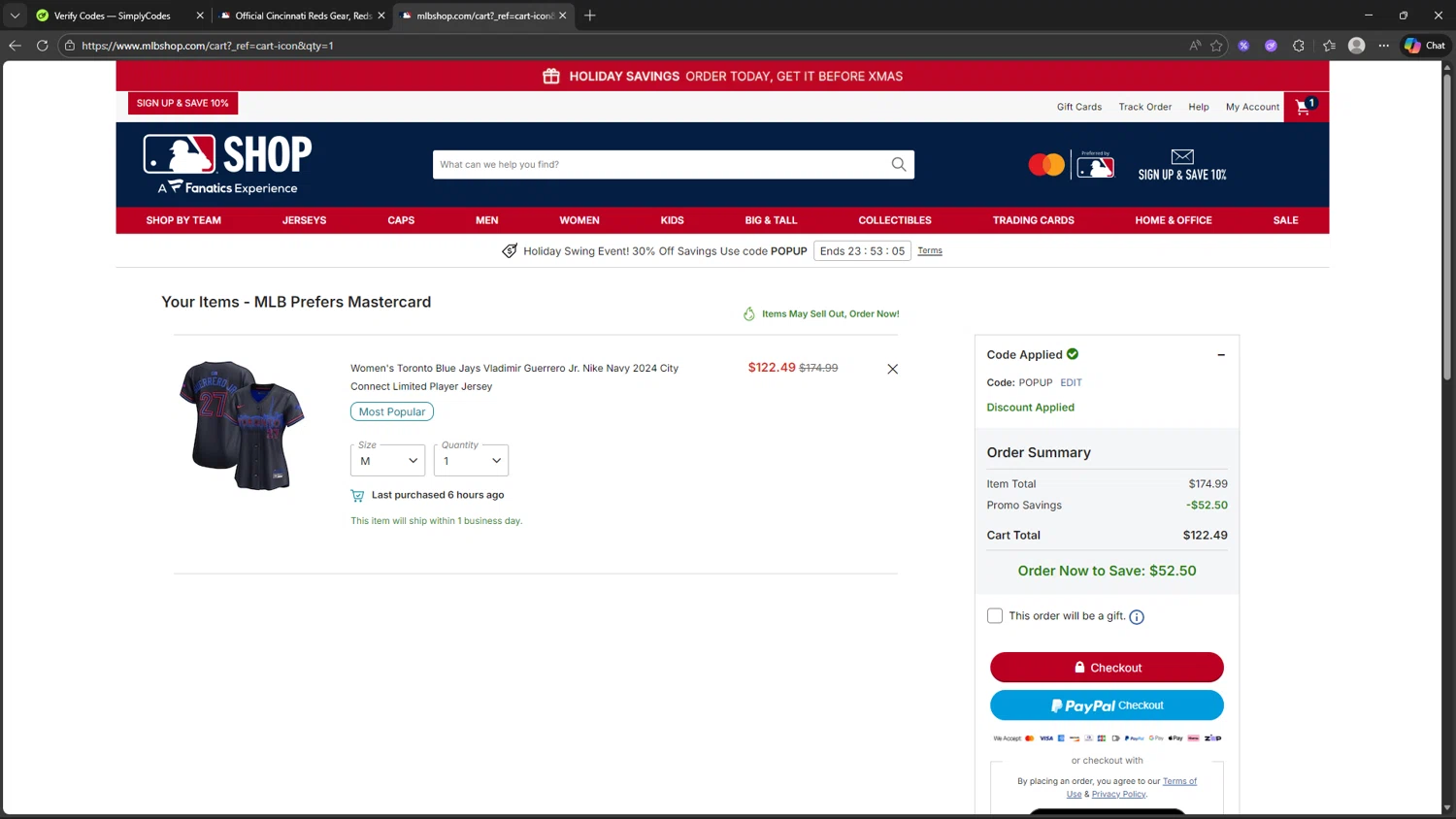 Cincinnati Reds checkout page showing Cincinnati Reds promo code box | Screenshot taken by SimplyCodes community member on Dec 18, 2025