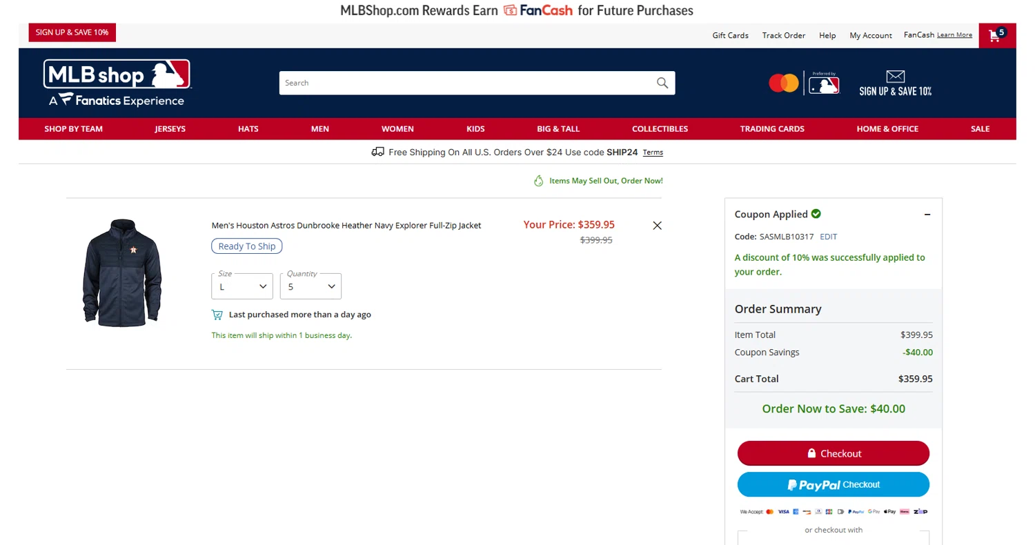 Cincinnati Reds promo code screenshot showing code SASMLB10317 applied at Cincinnati Reds checkout page. Uploaded by SimplyCodes community member Culebraparada on Mar 21, 2025