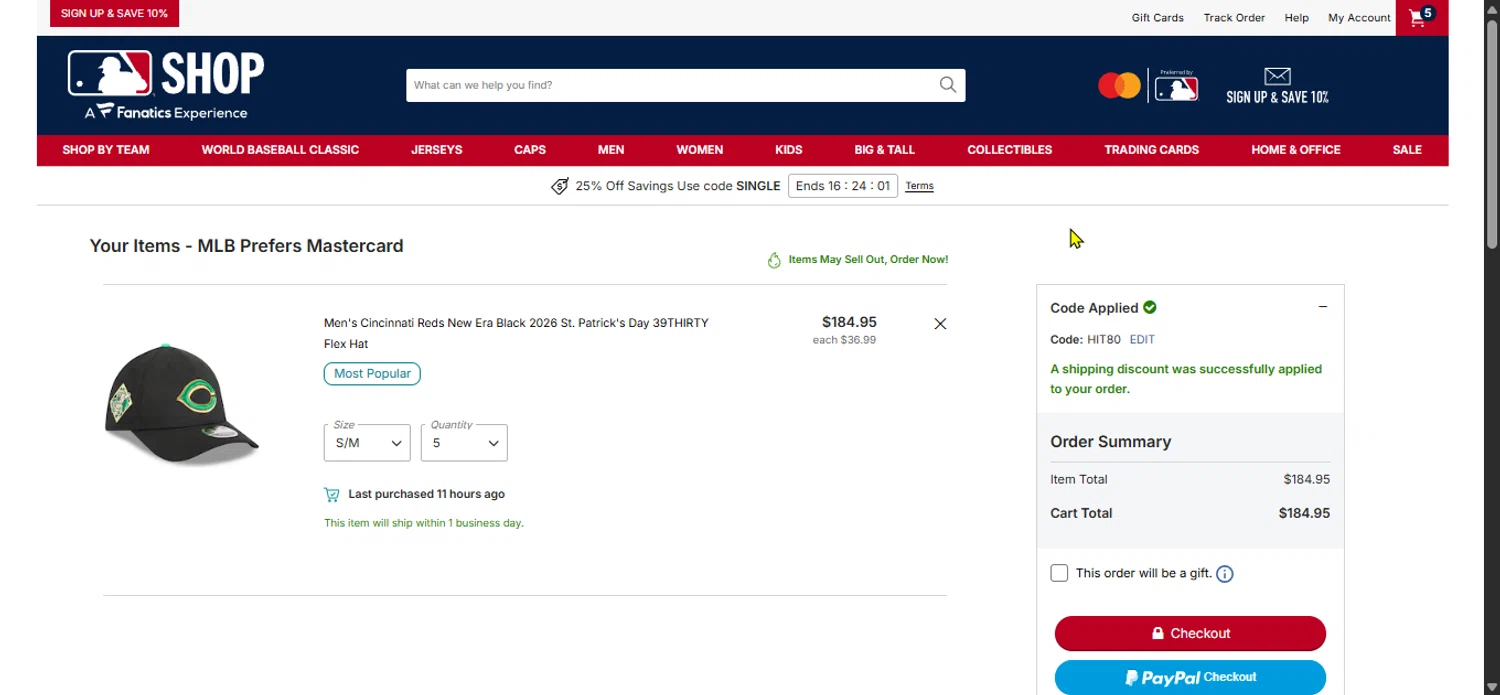 Cincinnati Reds checkout page showing Cincinnati Reds promo code box | Screenshot taken by SimplyCodes community member on Feb 21, 2026