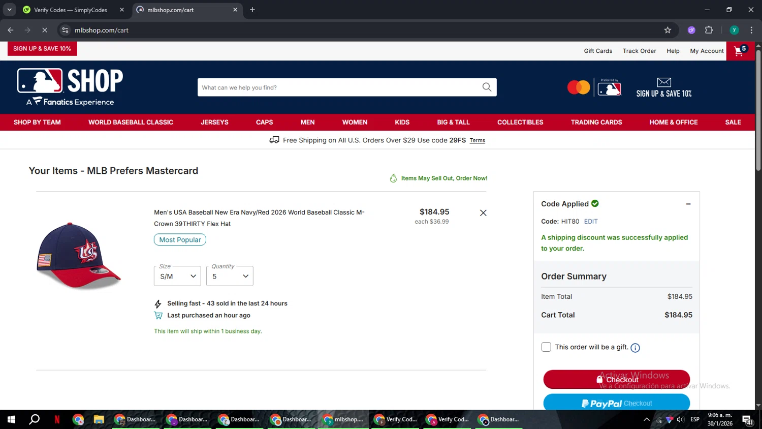Cincinnati Reds checkout page showing Cincinnati Reds promo code box | Screenshot taken by SimplyCodes community member on Jan 30, 2026