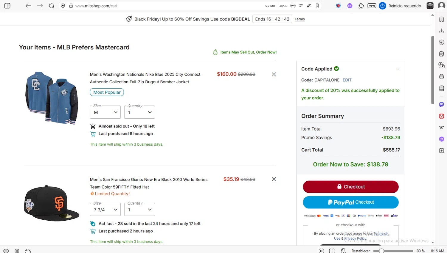 Cincinnati Reds promo code screenshot showing code CAPITALONE applied at Cincinnati Reds checkout page. Uploaded by SimplyCodes community member luissilva2 on Nov 28, 2025