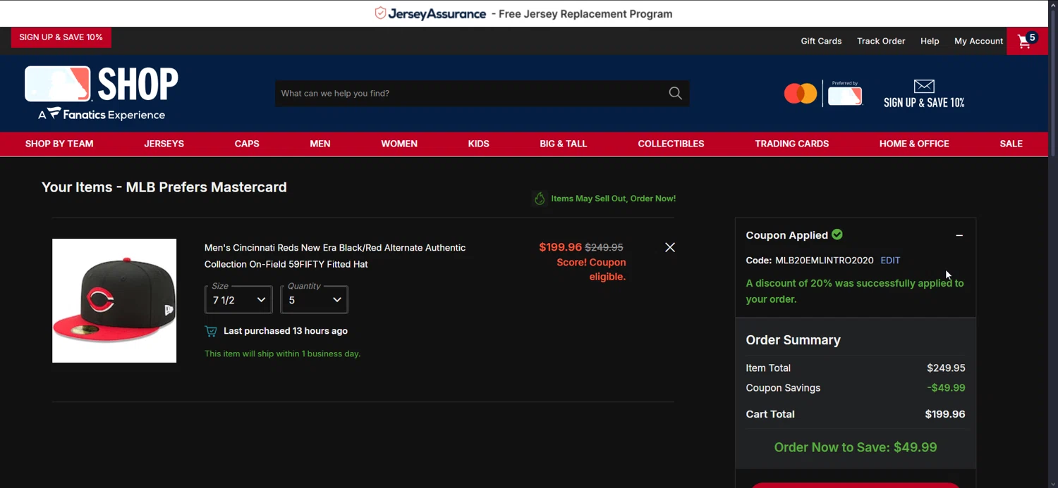 Cincinnati Reds promo code screenshot showing code MLB20EMLINTRO2020 applied at Cincinnati Reds checkout page. Uploaded by SimplyCodes community member KarlLM on Oct 21, 2025