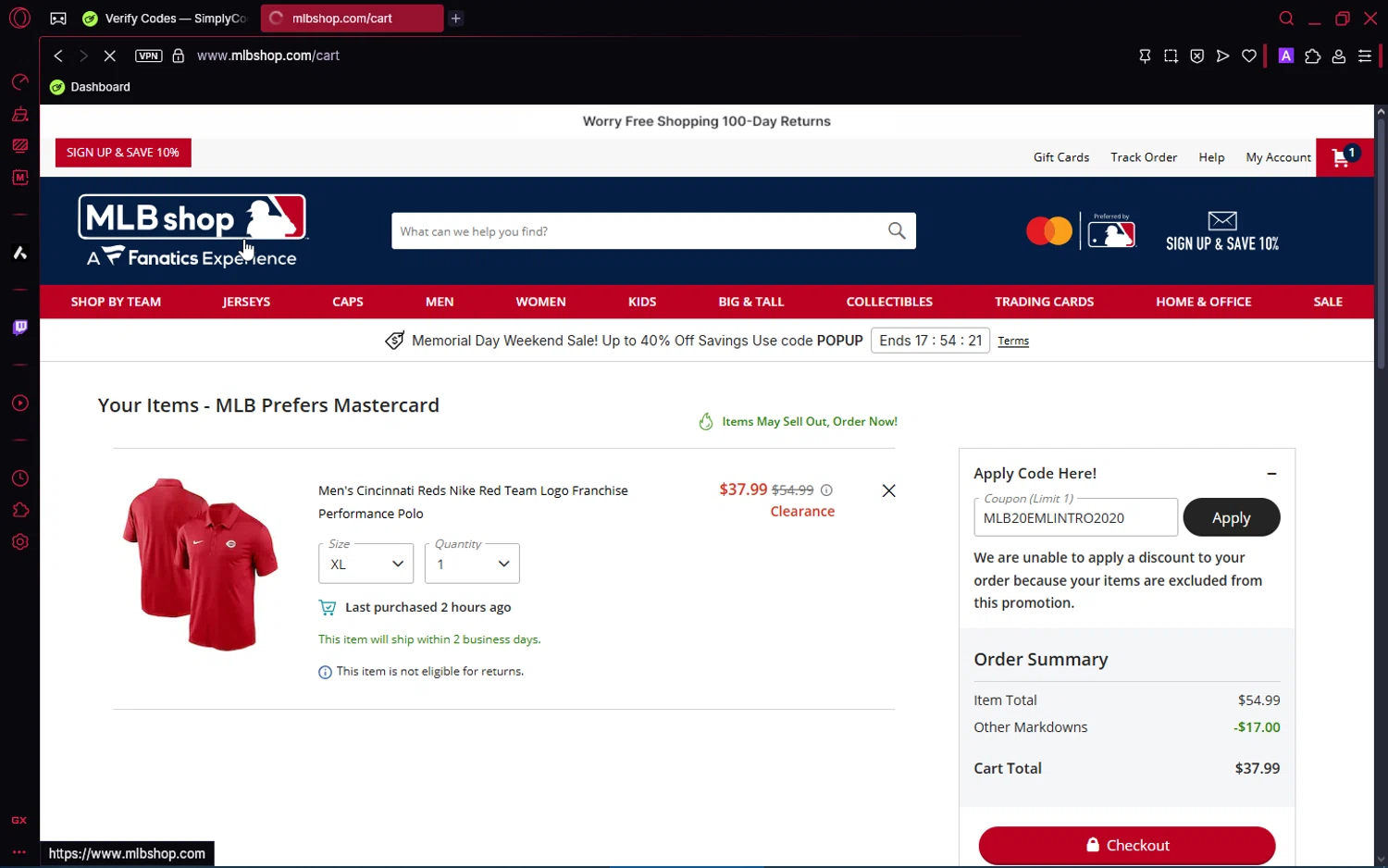 Cincinnati Reds promo code screenshot showing code MLB20EMLINTRO2020 applied at Cincinnati Reds checkout page. Uploaded by SimplyCodes community member number_1 on May 26, 2025