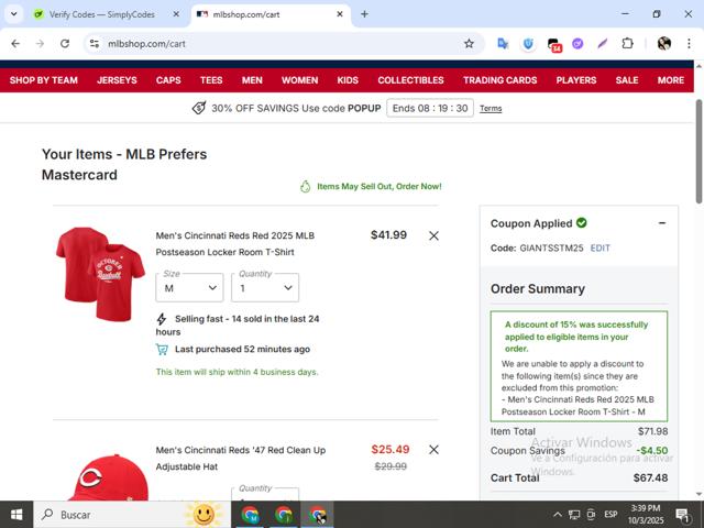 Cincinnati Reds checkout page showing Cincinnati Reds promo code box | Screenshot taken by SimplyCodes community member on Oct 3, 2025