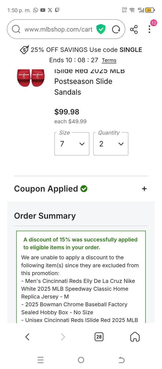 Cincinnati Reds checkout page showing Cincinnati Reds promo code box | Screenshot taken by SimplyCodes community member on Oct 2, 2025