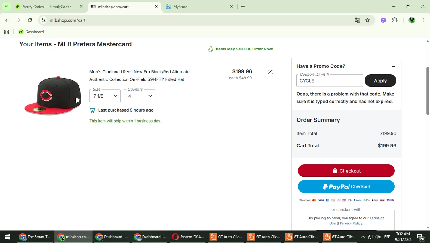 Cincinnati Reds promo code screenshot showing code CYCLE applied at Cincinnati Reds checkout page. Uploaded by SimplyCodes community member MaitoGai on Sep 21, 2025