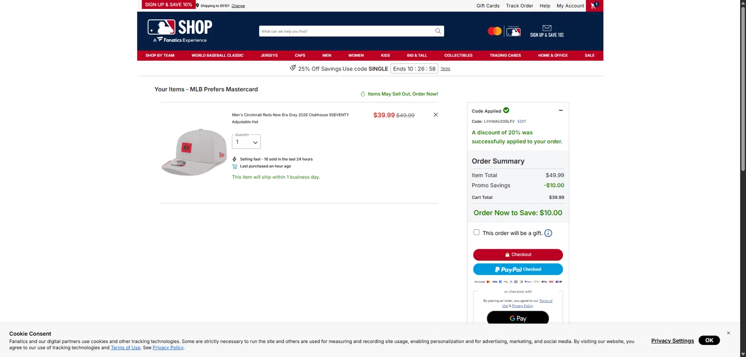 Cincinnati Reds promo code screenshot showing code LYHWAUS99LPV applied at Cincinnati Reds checkout page. Uploaded by SimplyCodes community member TokenFalcon7462 on Feb 24, 2026