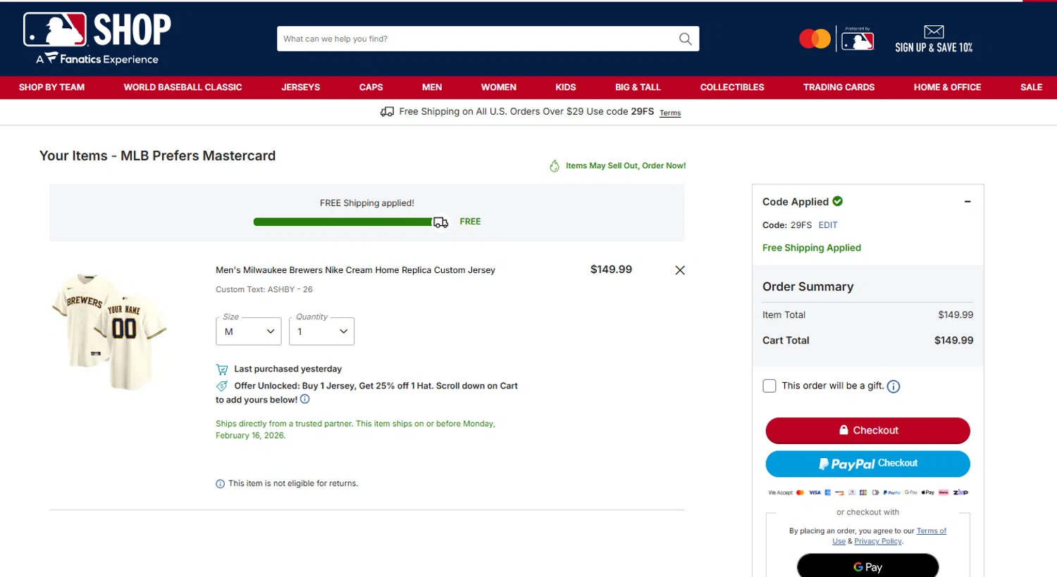 Cincinnati Reds promo code screenshot showing code 29FS applied at Cincinnati Reds checkout page. Uploaded by SimplyCodes community member Dulce__ on Jan 31, 2026