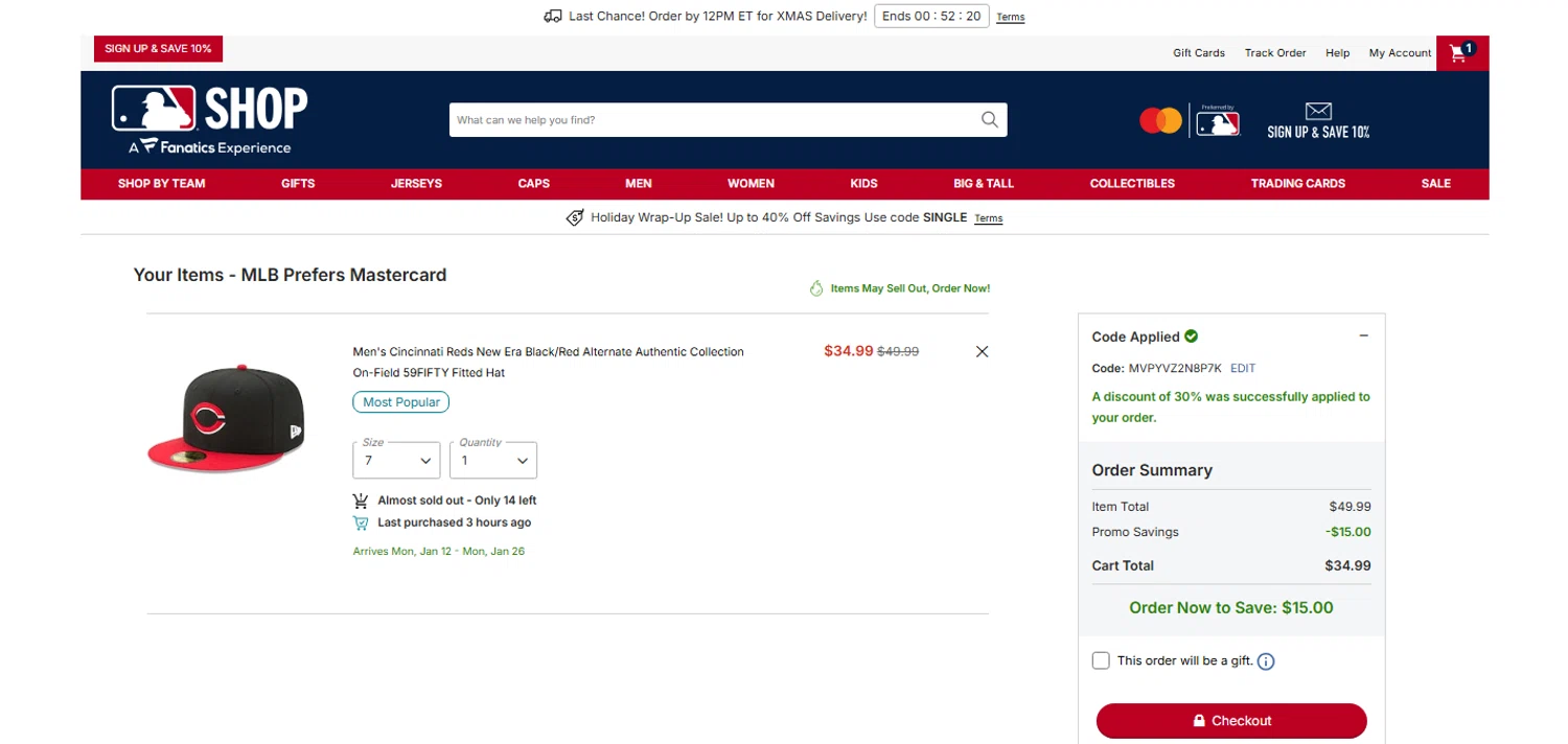 Cincinnati Reds promo code screenshot showing code MVPYVZ2N8P7K applied at Cincinnati Reds checkout page. Uploaded by SimplyCodes community member OnlywM on Dec 22, 2025
