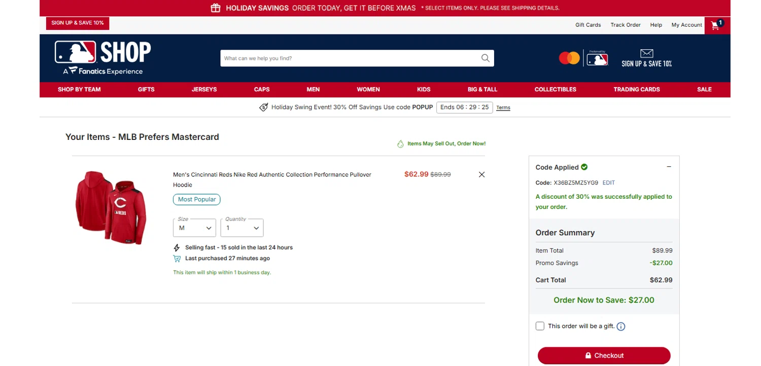 Cincinnati Reds promo code screenshot showing code X36BZ5MZ5YG9 applied at Cincinnati Reds checkout page. Uploaded by SimplyCodes community member OnlywM on Dec 18, 2025