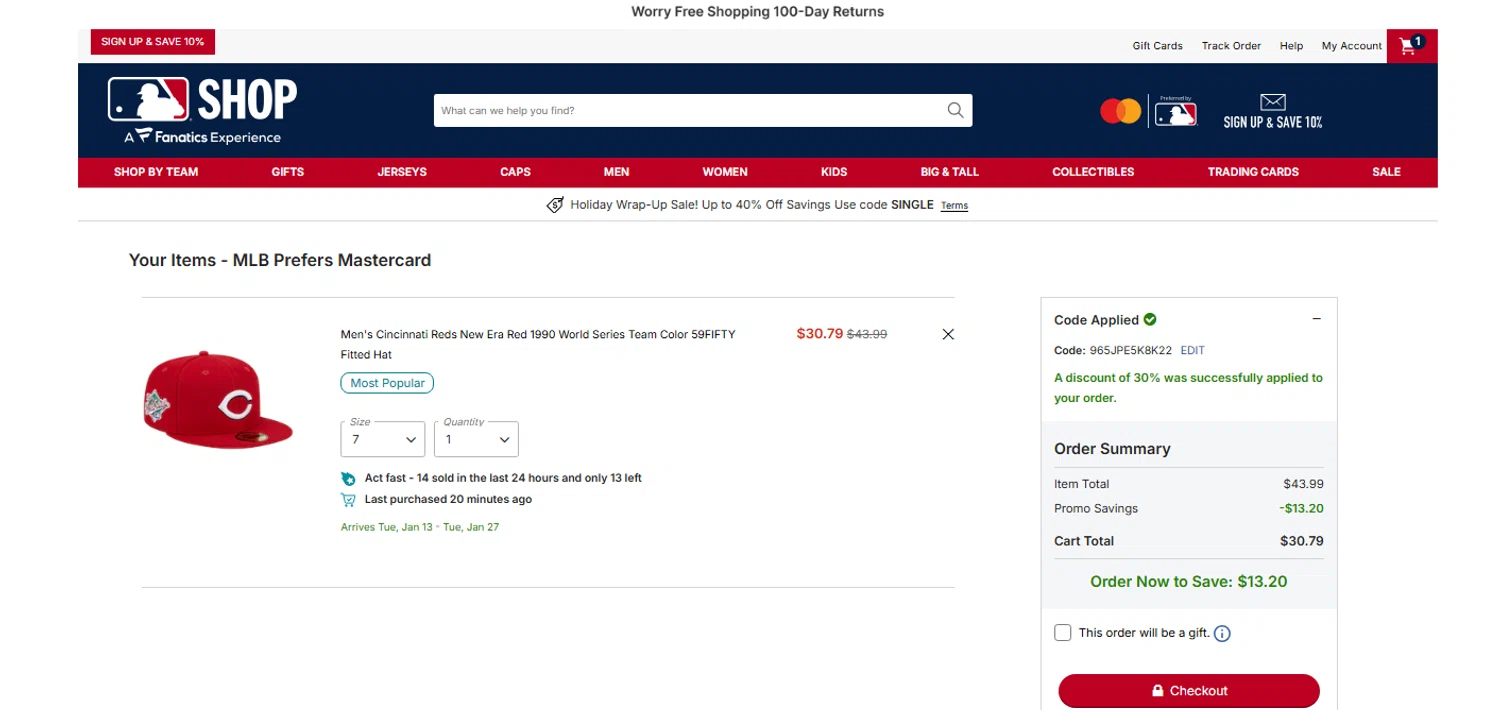 Cincinnati Reds promo code screenshot showing code 965JPE5K8K22 applied at Cincinnati Reds checkout page. Uploaded by SimplyCodes community member OnlywM on Dec 26, 2025