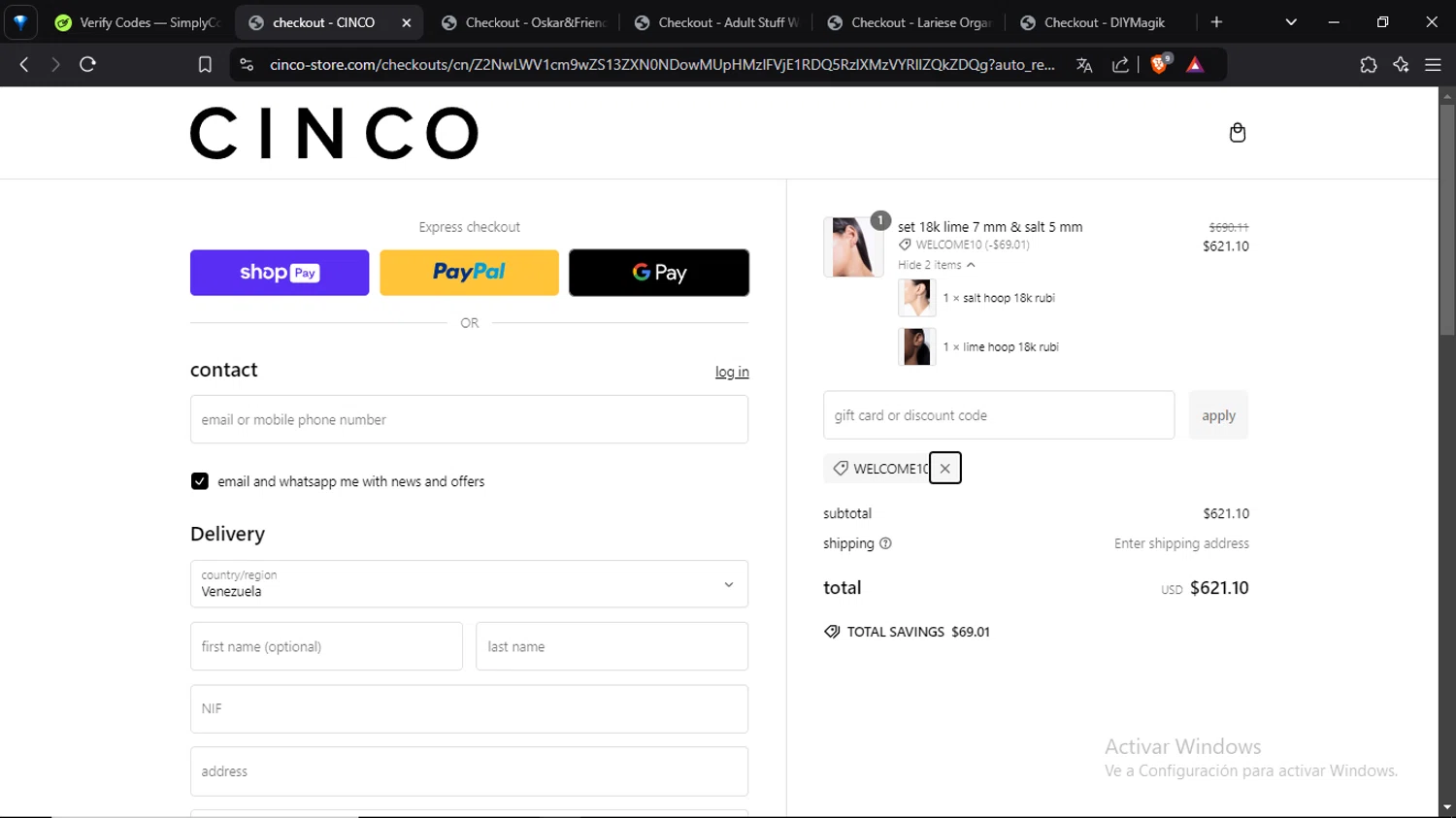 Cinco promo code screenshot showing code WELCOME10 applied at Cinco checkout page. Uploaded by SimplyCodes community member VoucherShopper4674 on Dec 27, 2024