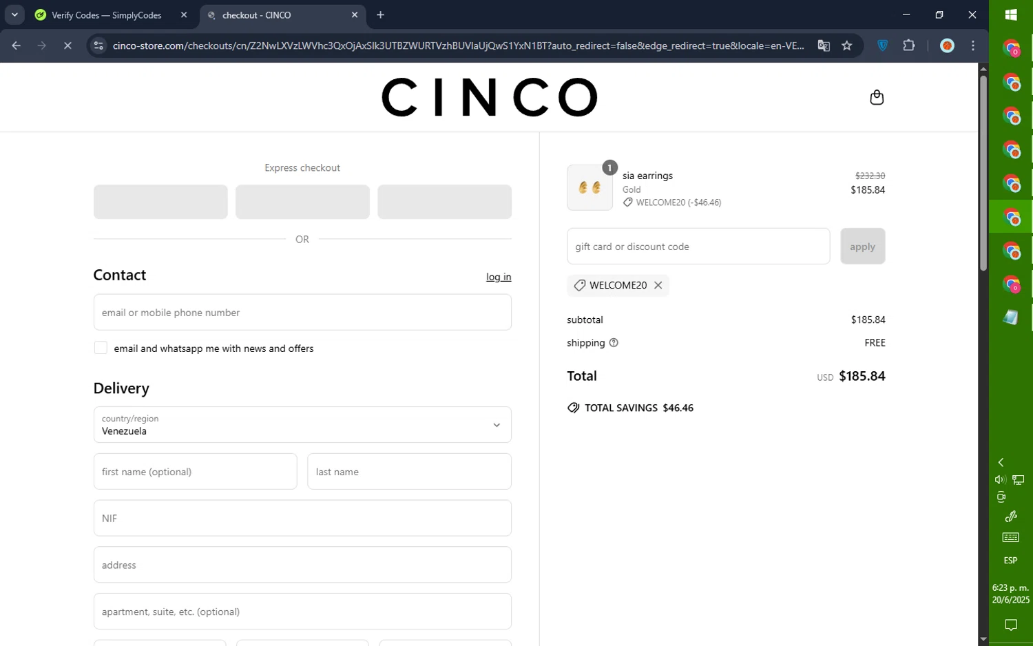 Cinco promo code screenshot showing code WELCOME20 applied at Cinco checkout page. Uploaded by SimplyCodes community member GoldPilot5958 on Jun 20, 2025