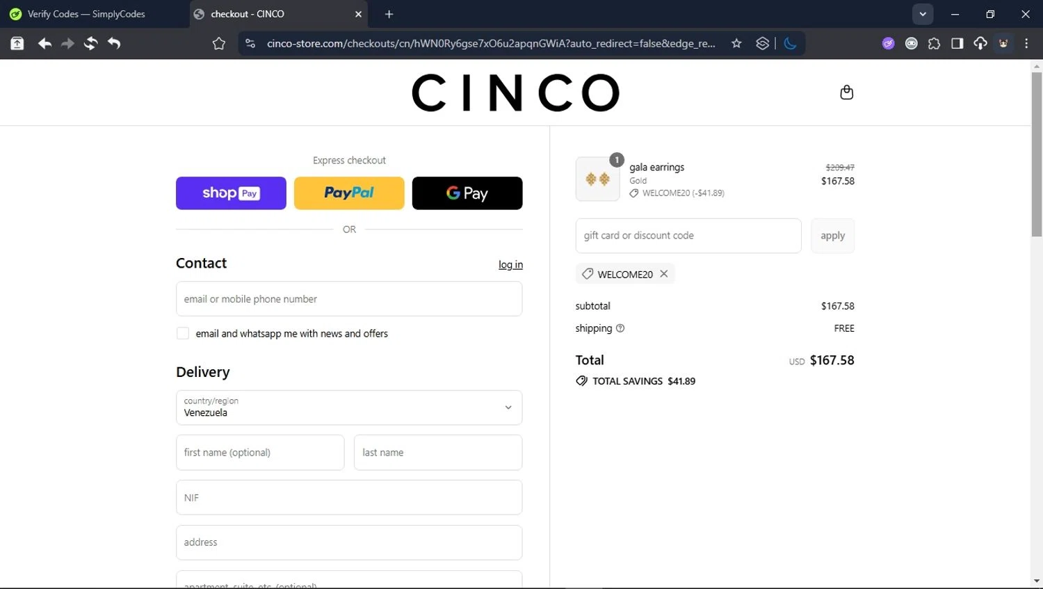 Cinco promo code screenshot showing code WELCOME20 applied at Cinco checkout page. Uploaded by SimplyCodes community member PromoSpotter1784 on Jul 10, 2025