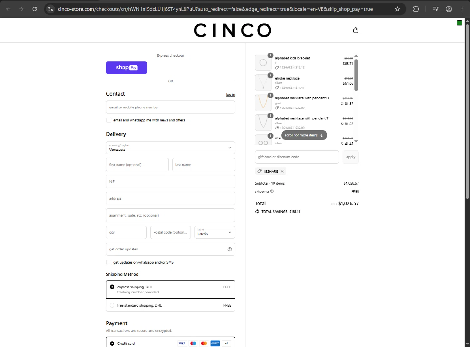 Cinco promo code screenshot showing code 15share applied at Cinco checkout page. Uploaded by SimplyCodes community member megagei on Aug 14, 2025