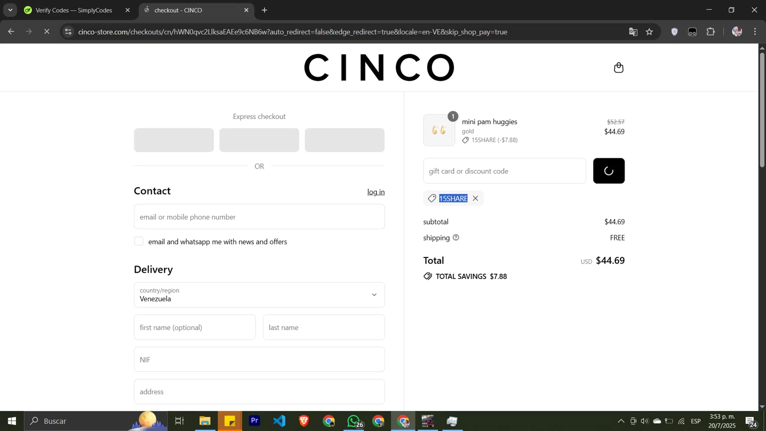 Cinco promo code screenshot showing code 15share applied at Cinco checkout page. Uploaded by SimplyCodes community member Pansito on Jul 20, 2025