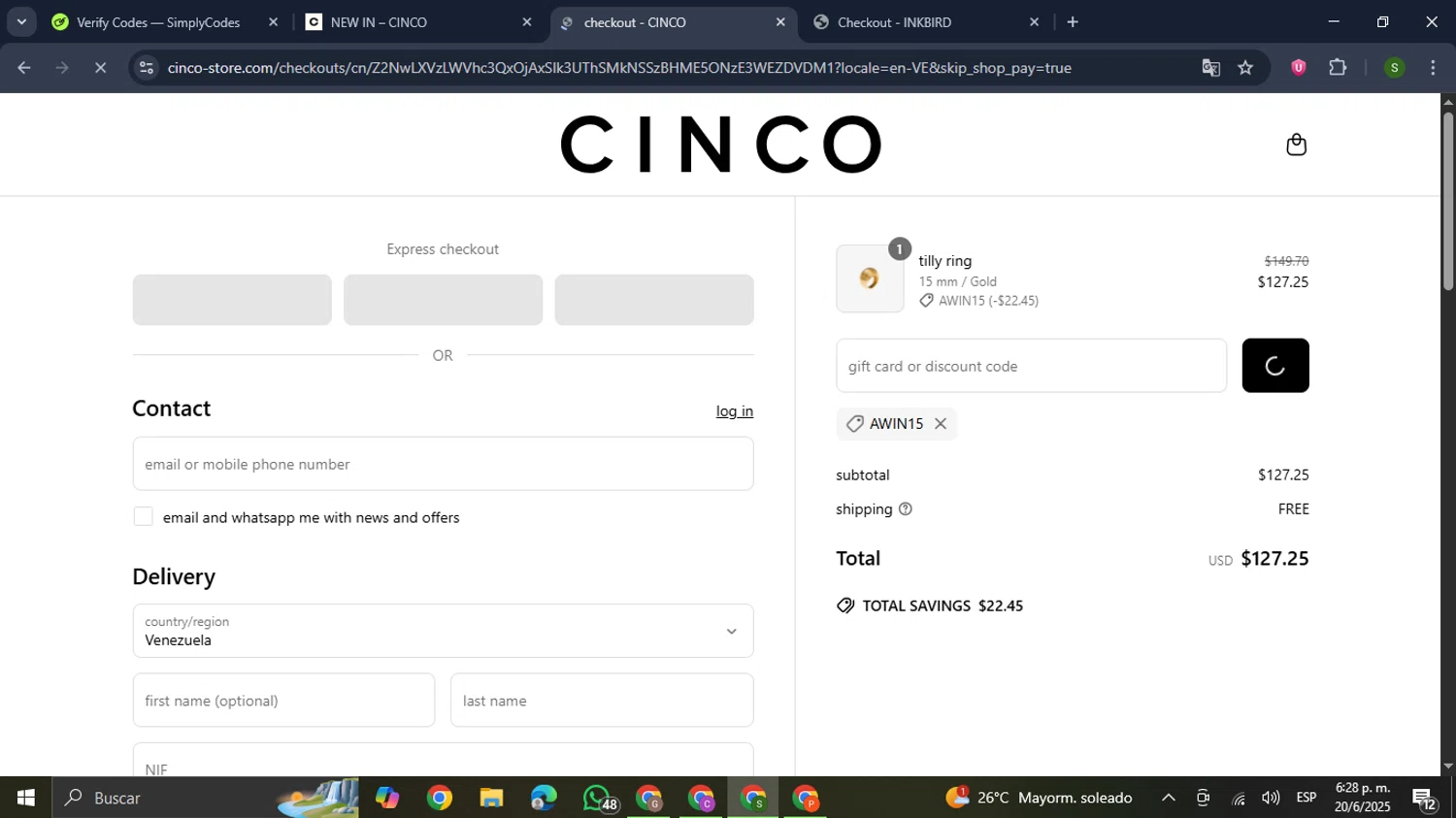 Cinco promo code screenshot showing code awin15 applied at Cinco checkout page. Uploaded by SimplyCodes community member RewardMaverick445 on Jun 20, 2025