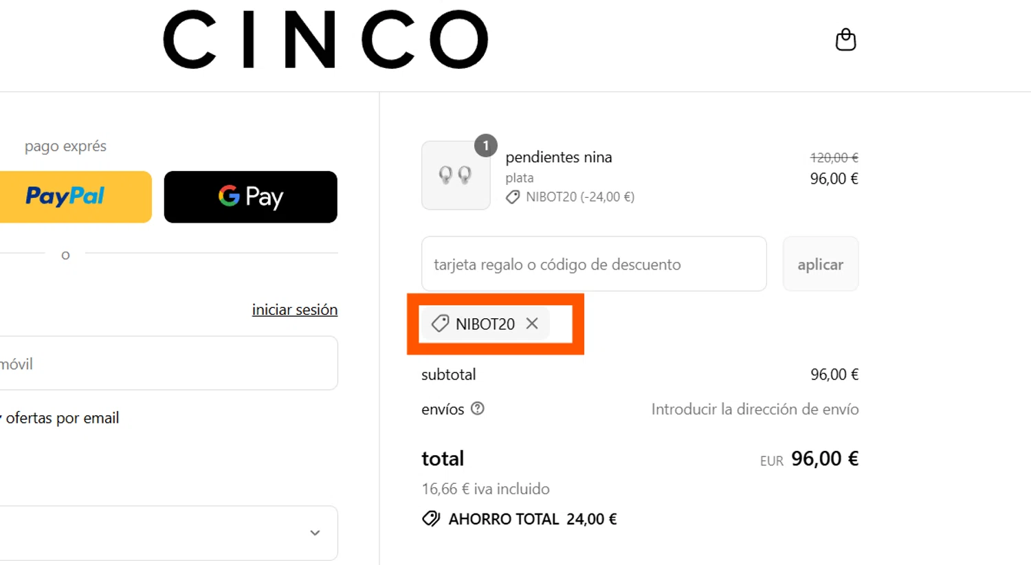 Cinco promo code screenshot showing code NIBOT20 applied at Cinco checkout page. Uploaded by SimplyCodes community member CleverSentinel4477 on Aug 1, 2025