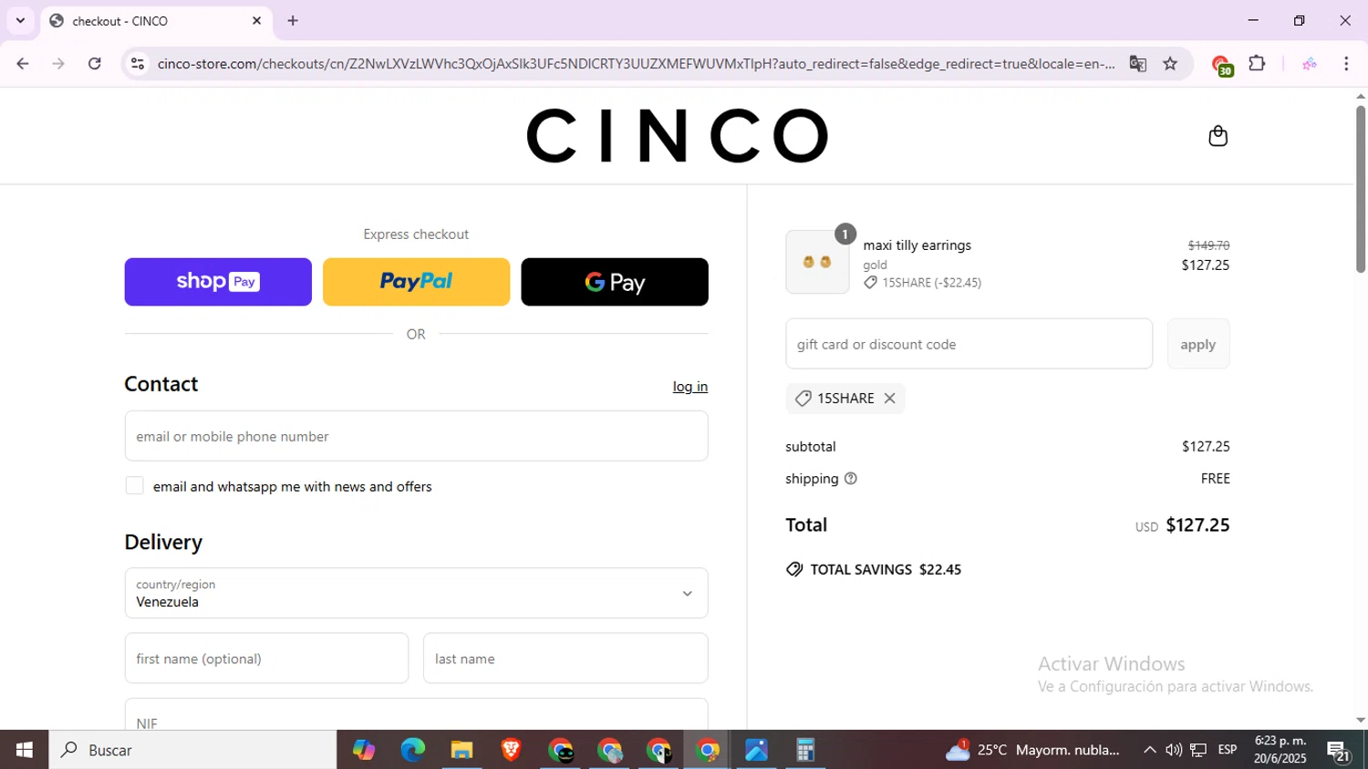 Cinco promo code screenshot showing code 15share applied at Cinco checkout page. Uploaded by SimplyCodes community member Estrellitacoairis on Jun 20, 2025