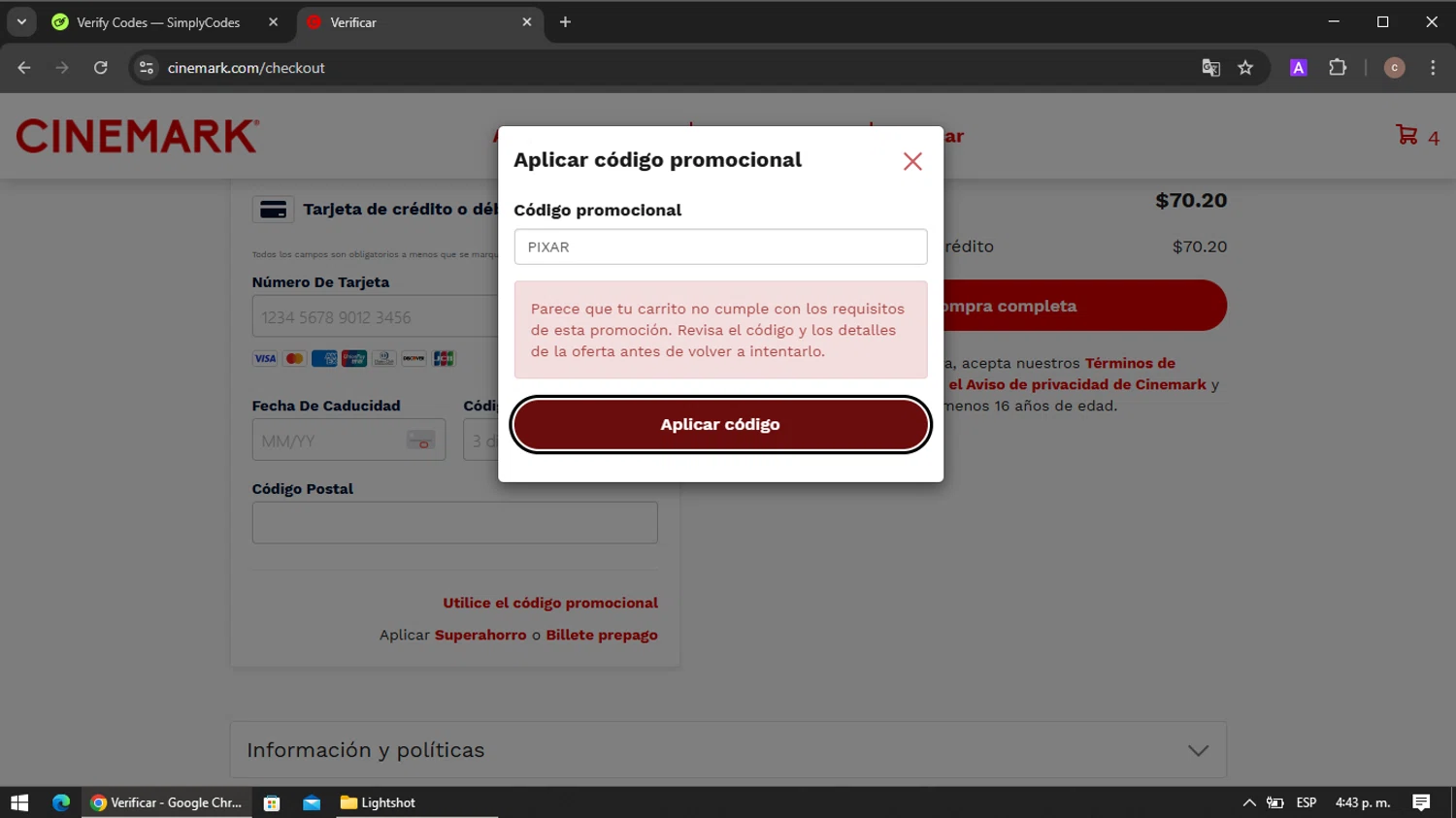 Cinemark Theatres promo code screenshot showing code PIXAR applied at Cinemark Theatres checkout page. Uploaded by SimplyCodes community member VoucherRanger901 on May 20, 2025