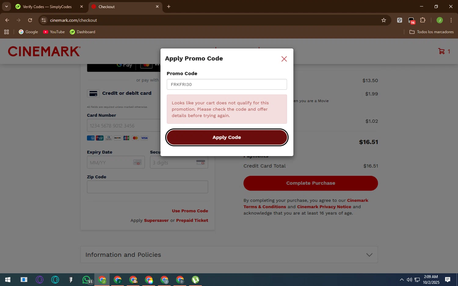 Cinemark Theatres checkout page showing Cinemark Theatres promo code box | Screenshot taken by SimplyCodes community member on Oct 2, 2025