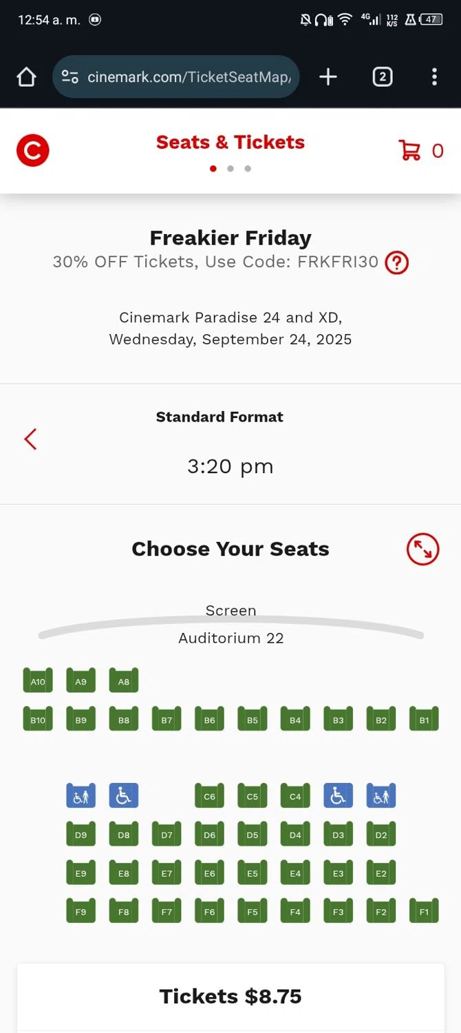 Cinemark Theatres checkout page showing Cinemark Theatres promo code box | Screenshot taken by SimplyCodes community member on Sep 24, 2025