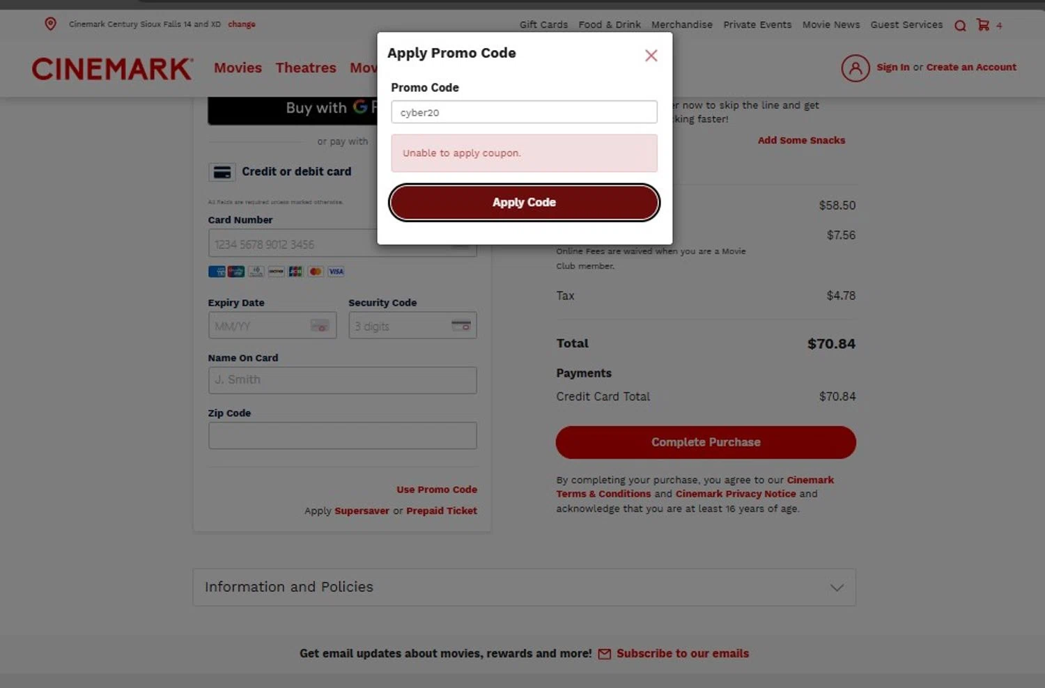 Cinemark Theatres promo code screenshot showing code cyber20 applied at Cinemark Theatres checkout page. Uploaded by SimplyCodes community member aadadqjkdwqdq on Dec 6, 2025
