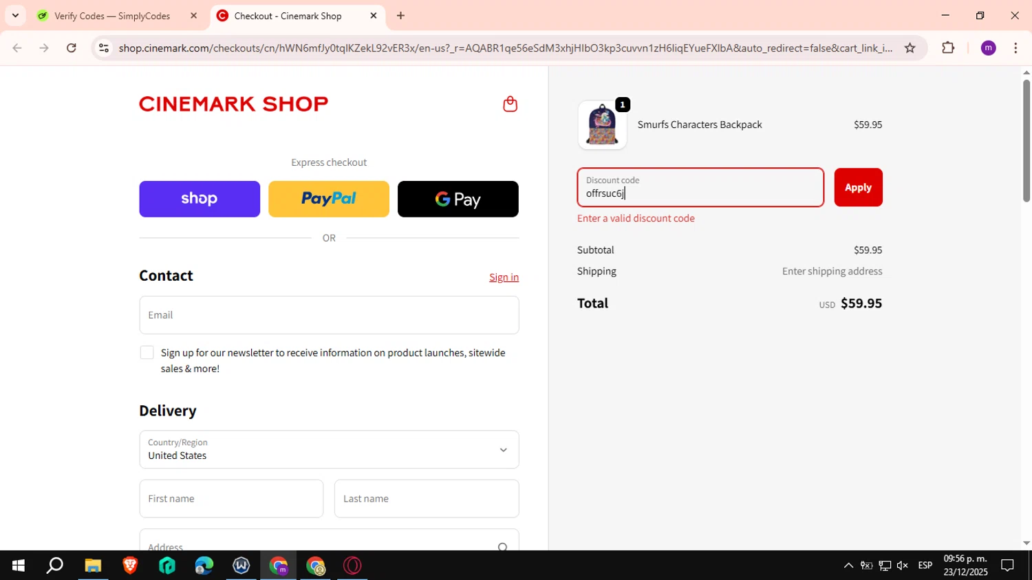Cinemark Theatres promo code screenshot showing code offrsuc6j applied at Cinemark Theatres checkout page. Uploaded by SimplyCodes community member VictoriousCurator6515 on Dec 24, 2025
