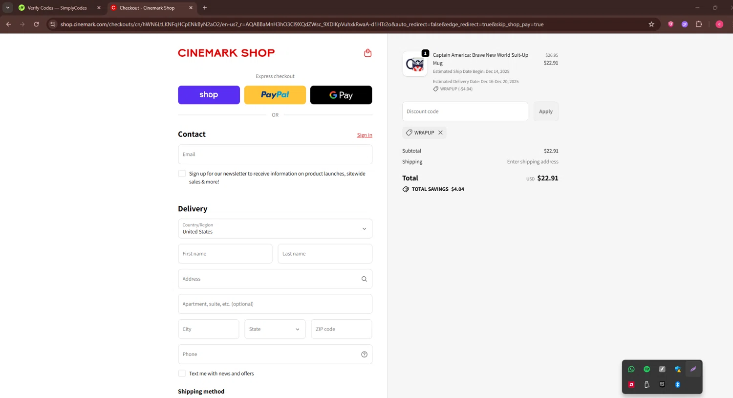 Cinemark Theatres checkout page showing Cinemark Theatres promo code box | Screenshot taken by SimplyCodes community member on Dec 12, 2025