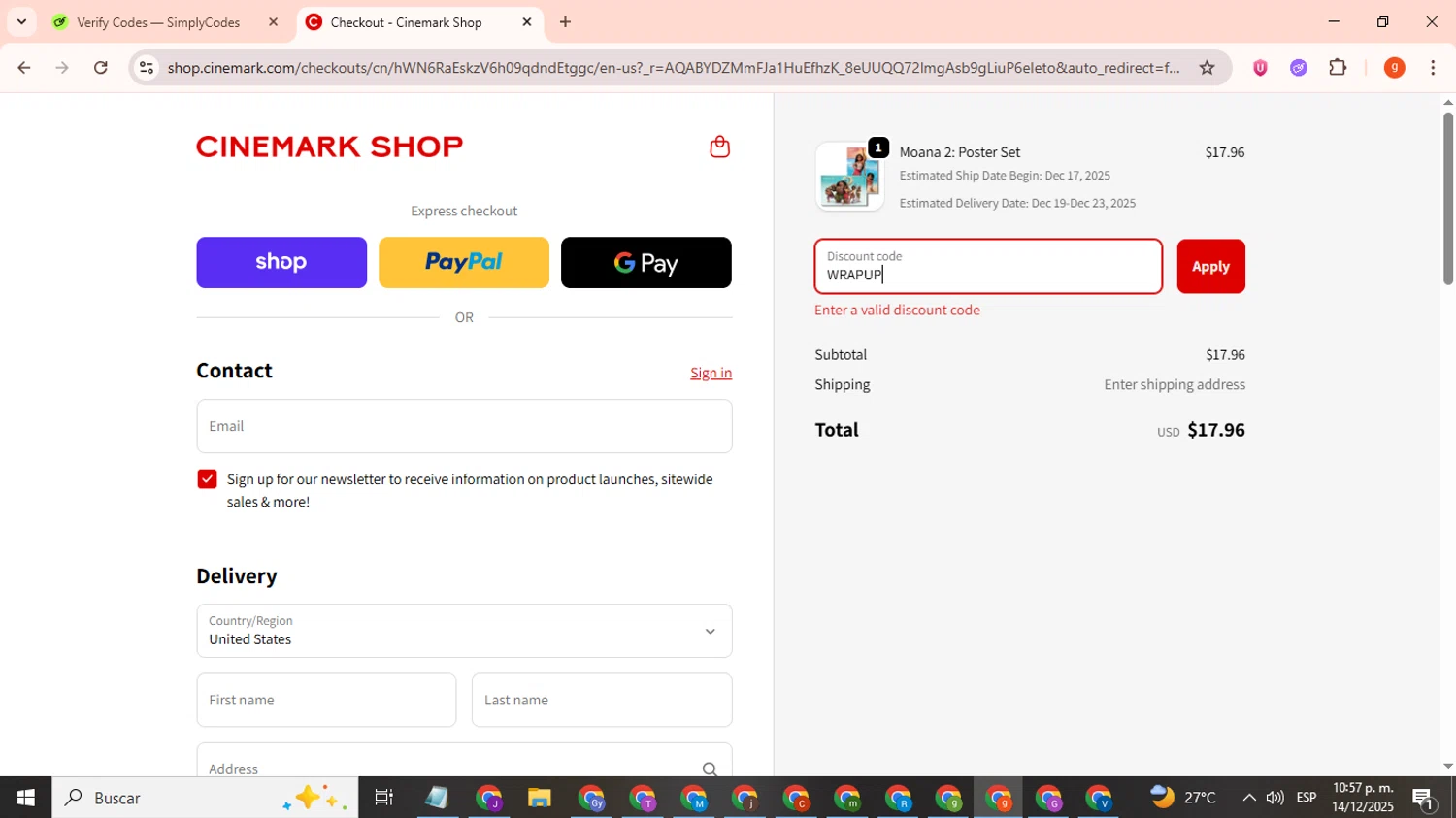 Cinemark Theatres promo code screenshot showing code WRAPUP applied at Cinemark Theatres checkout page. Uploaded by SimplyCodes community member toniokroos on Dec 15, 2025