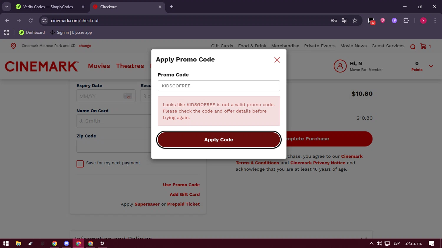 Cinemark Theatres promo code screenshot showing code KIDSGOFREE applied at Cinemark Theatres checkout page. Uploaded by SimplyCodes community member ValiantFox2134 on Dec 22, 2025