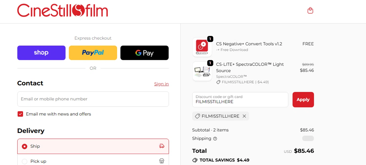 CineStill Film discount code screenshot showing code FILMISSTILLHERE applied at CineStill Film checkout page. Uploaded by SimplyCodes community member RewardCurator5232 on Oct 12, 2025
