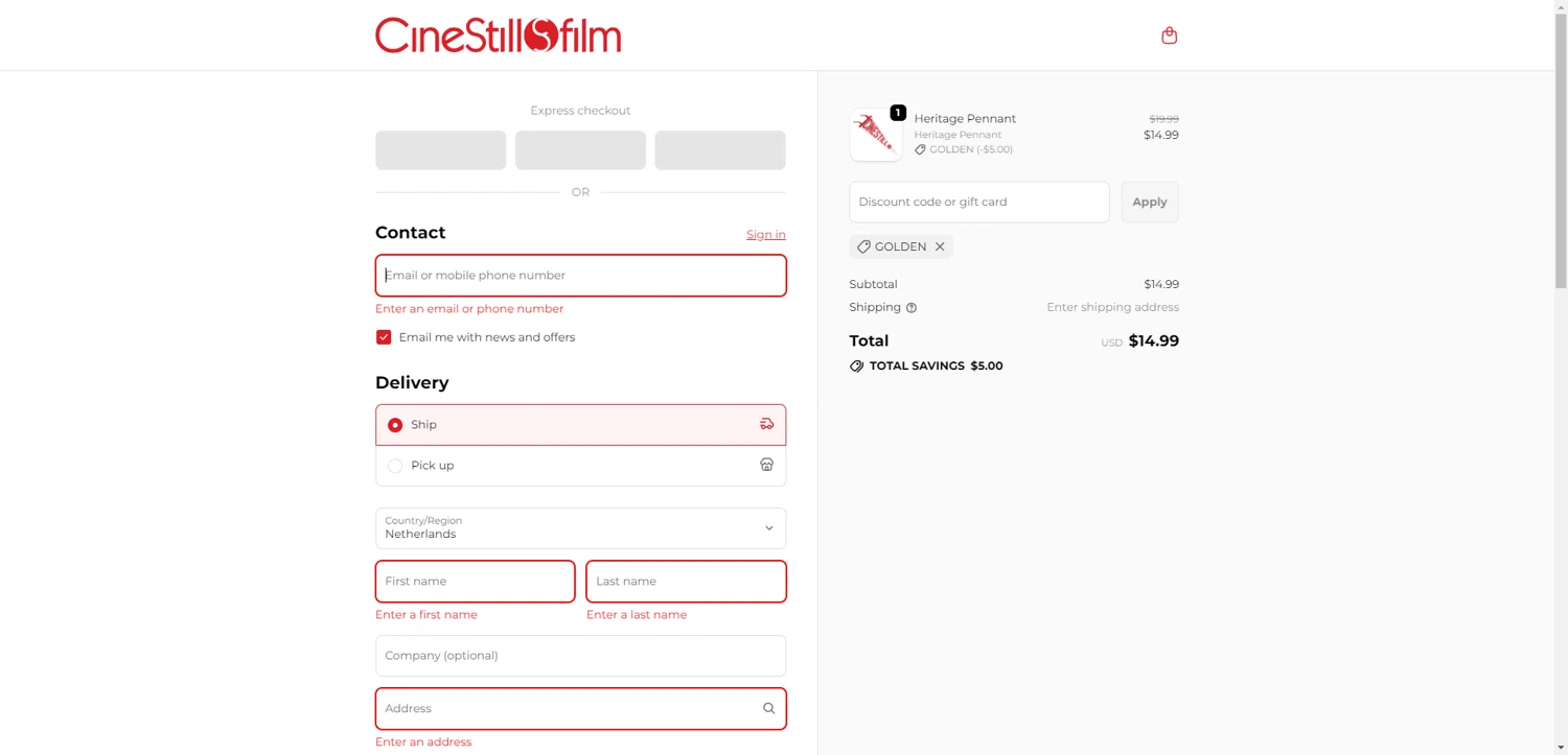 CineStill Film discount code screenshot showing code Golden applied at CineStill Film checkout page. Uploaded by SimplyCodes community member CrownTiger6508 on Oct 5, 2025