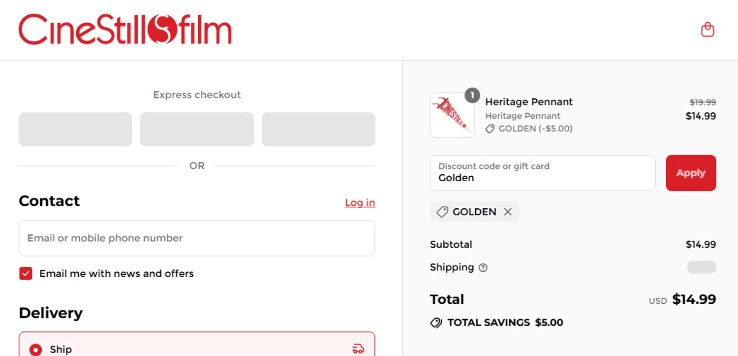 CineStill Film discount code screenshot showing code Golden applied at CineStill Film checkout page. Uploaded by SimplyCodes community member couponcheck02 on Sep 2, 2025