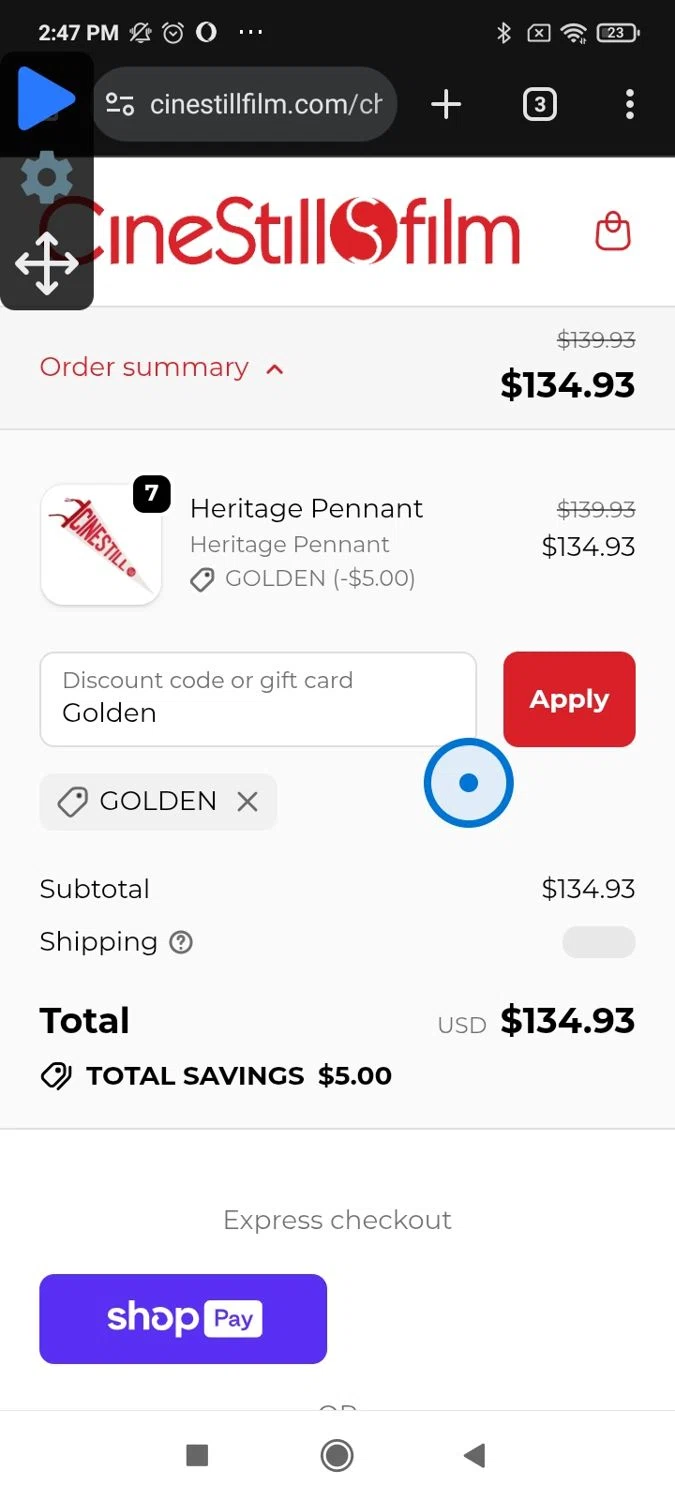 CineStill Film discount code screenshot showing code Golden applied at CineStill Film checkout page. Uploaded by SimplyCodes community member Papiex on Jan 9, 2026
