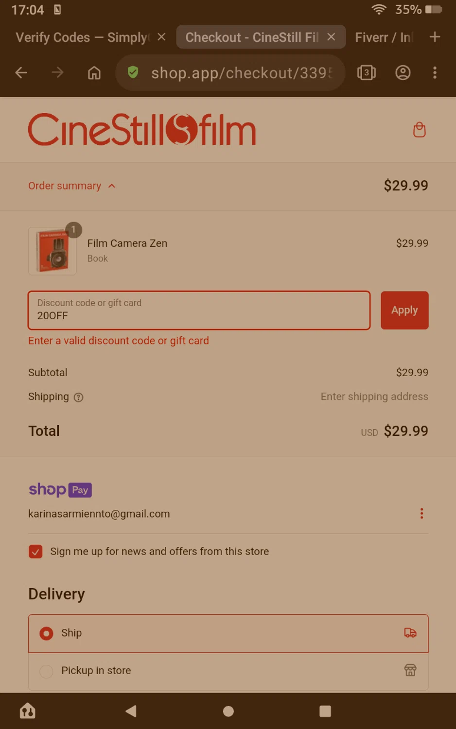 CineStill Film discount code screenshot showing code 20OFF applied at CineStill Film checkout page. Uploaded by SimplyCodes community member Olivatle on Jan 21, 2025