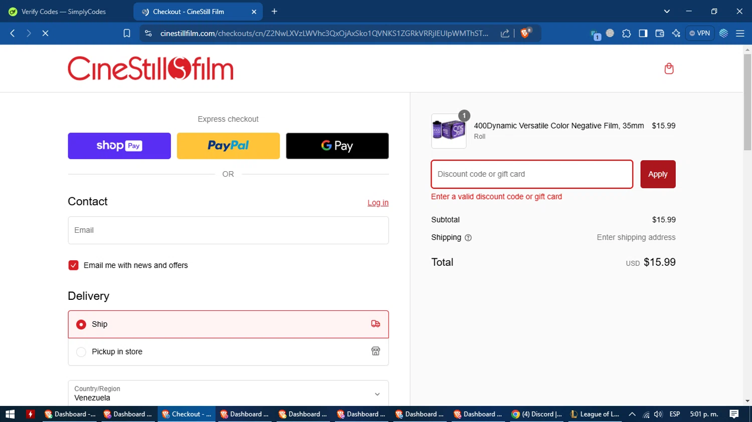 CineStill Film discount code screenshot showing code 20OFF applied at CineStill Film checkout page. Uploaded by SimplyCodes community member MagnificentVoyager2830 on Jan 21, 2025