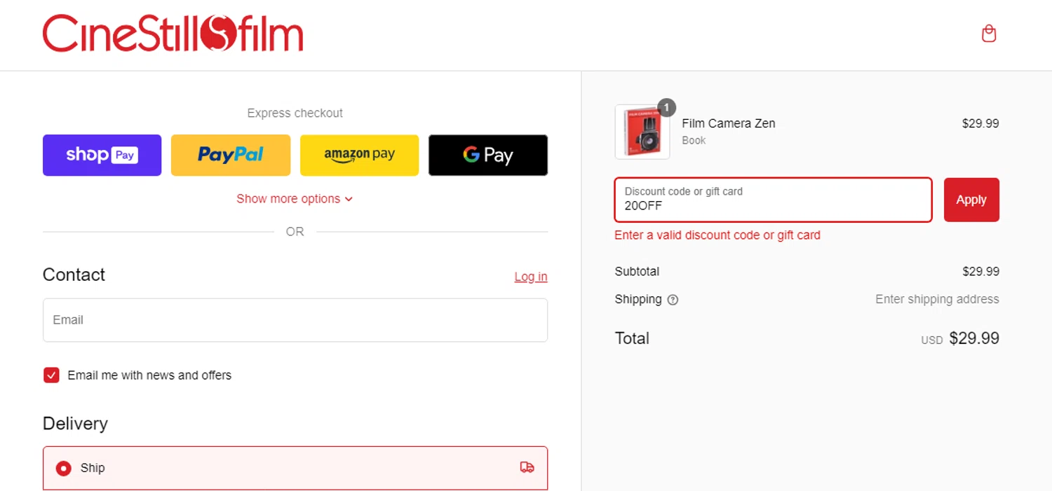 CineStill Film discount code screenshot showing code 20OFF applied at CineStill Film checkout page. Uploaded by SimplyCodes community member gilbertrondon on Jan 21, 2025