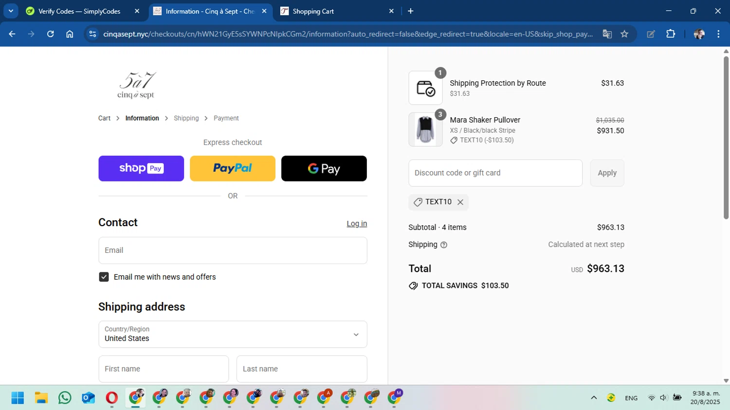 Cinq à Sept promo code screenshot showing code TEXT10 applied at Cinq à Sept checkout page. Uploaded by SimplyCodes community member DavidMGF on Aug 20, 2025