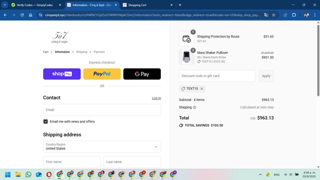 Cinq à Sept checkout page showing Cinq à Sept promo code box | Screenshot taken by SimplyCodes community member on Aug 20, 2025