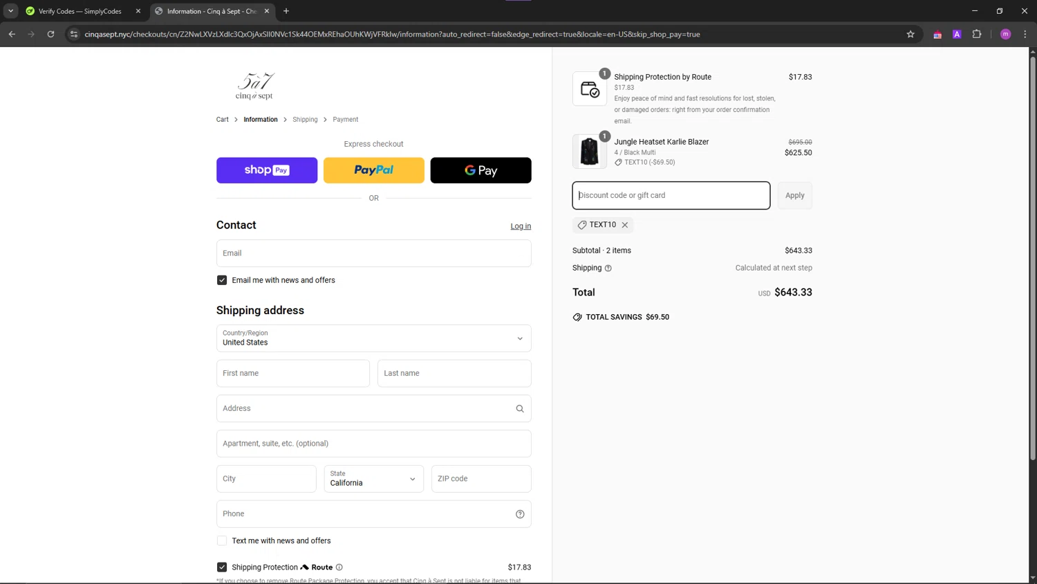 Cinq à Sept promo code screenshot showing code TEXT10 applied at Cinq à Sept checkout page. Uploaded by SimplyCodes community member TokenChaser4876 on Apr 5, 2025