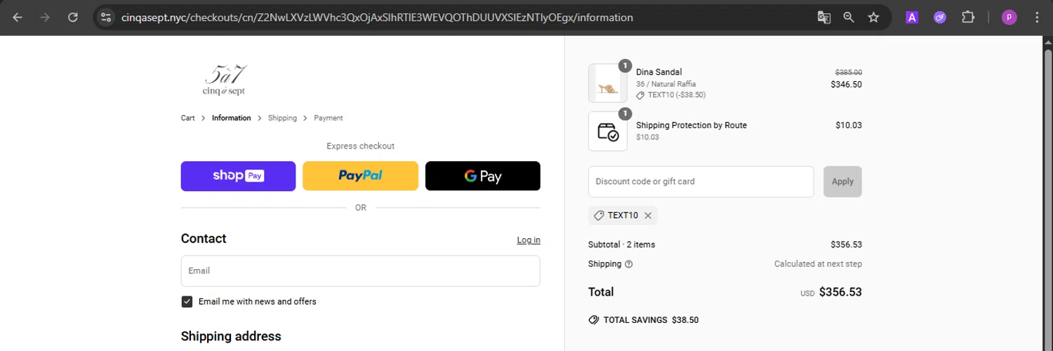 Cinq à Sept promo code screenshot showing code TEXT10 applied at Cinq à Sept checkout page. Uploaded by SimplyCodes community member firoas on Jun 14, 2025