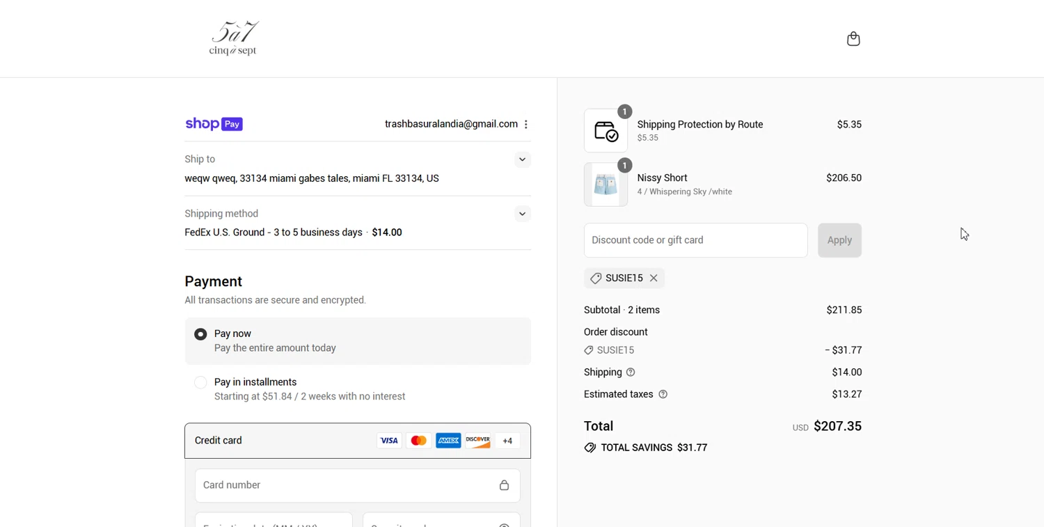 Cinq à Sept promo code screenshot showing code SUSIE15 applied at Cinq à Sept checkout page. Uploaded by SimplyCodes community member Lulalula on Aug 4, 2025