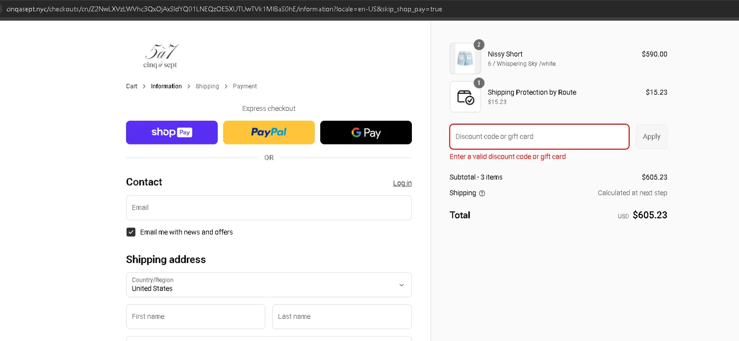 Cinq à Sept promo code screenshot showing code SUSIE15 applied at Cinq à Sept checkout page. Uploaded by SimplyCodes community member anleo1225 on Jun 4, 2025