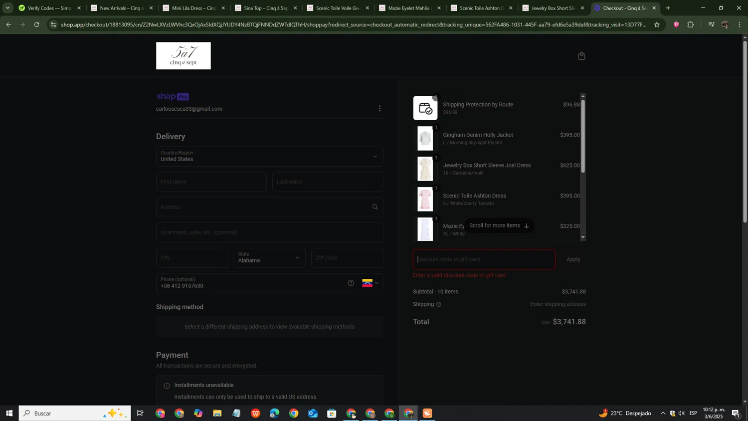 Cinq à Sept promo code screenshot showing code summer25 applied at Cinq à Sept checkout page. Uploaded by SimplyCodes community member ThriftySage4292 on Jun 4, 2025